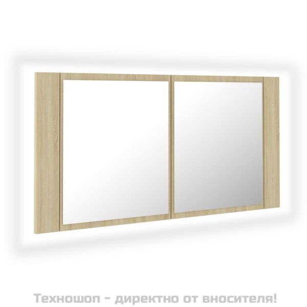 Шкаф с LED огледало за баня, дъб сонома, 90x12x45 см, акрил