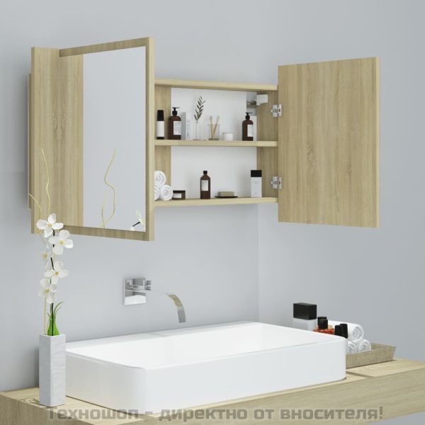 Шкаф с LED огледало за баня, дъб сонома, 90x12x45 см, акрил