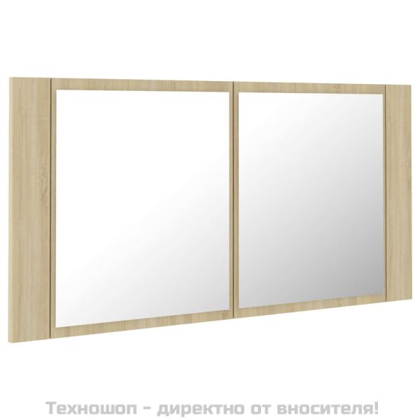 Шкаф с LED огледало за баня, дъб сонома, 90x12x45 см, акрил