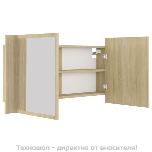 Шкаф с LED огледало за баня, дъб сонома, 90x12x45 см, акрил