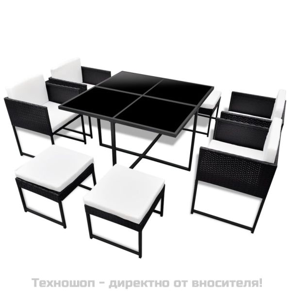 Градински комплект с възглавници, 9 части, черен полиратан