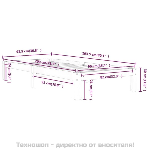 Рамка за легло, бяла, бор масив, 90х200 см