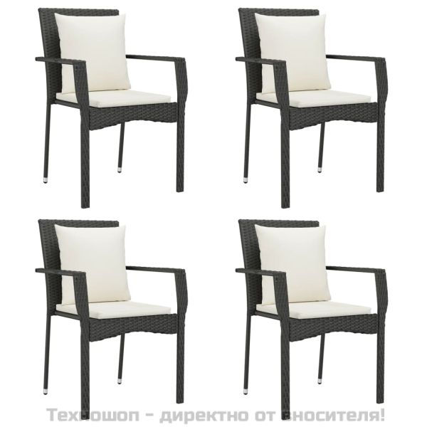 Градински столове с възглавници, 4 бр, полиратан, черни