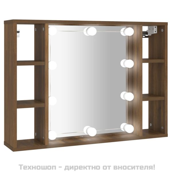 Огледален шкаф с LED, кафяв дъб, 76x15x55 см