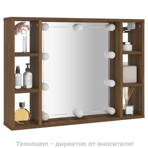 Огледален шкаф с LED, кафяв дъб, 76x15x55 см