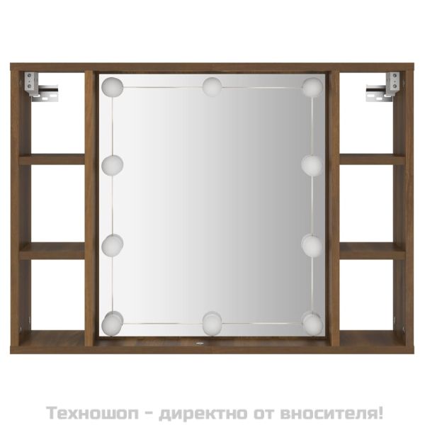 Огледален шкаф с LED, кафяв дъб, 76x15x55 см