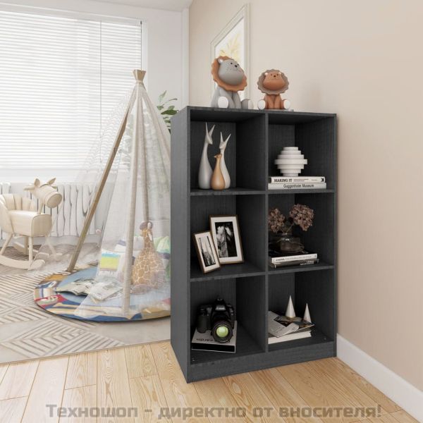 Библиотека, сива, 70x33x110 см, борово дърво масив