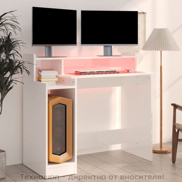 Бюро с LED осветление, бял гланц, 97x45x90 см, инженерно дърво