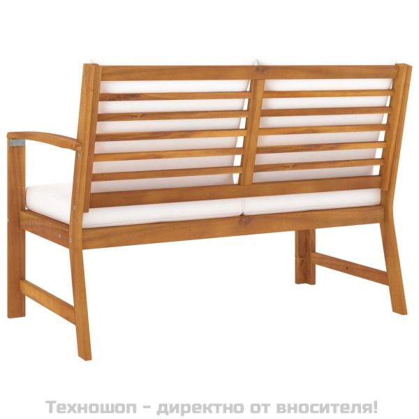 Градинска пейка 114,5 см с кремава възглавница, акация масив