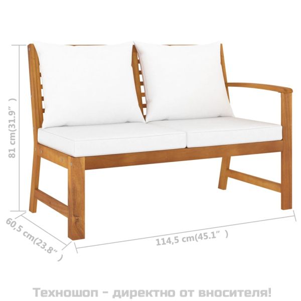 Градинска пейка 114,5 см с кремава възглавница, акация масив