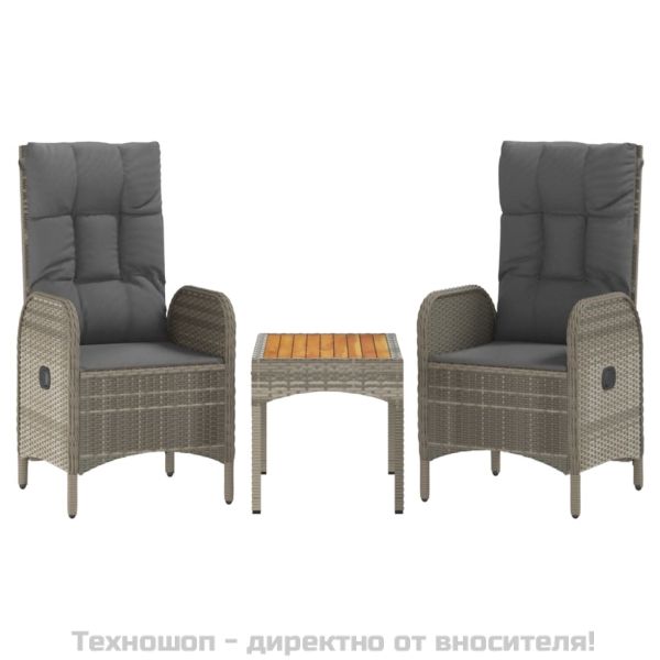 Градински лаундж комплект с възглавници 3 части сив полиратан