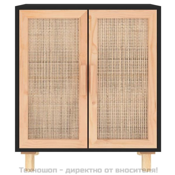 Сайдборд, черен, 60x30x70 см, бор масив и естествен ратан