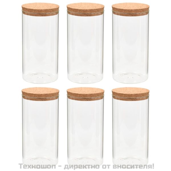 Стъклени буркани за съхранение с коркови капаци, 6 бр, 1100 мл
