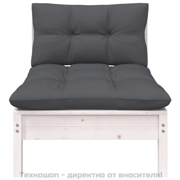 Градински среден диван с възглавници, бял, бор масив