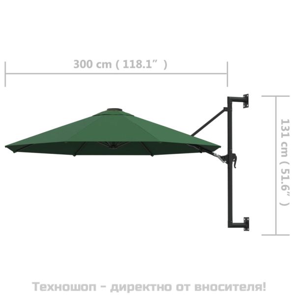 Чадър за монтаж на стена с метален прът, 300 см, зелен