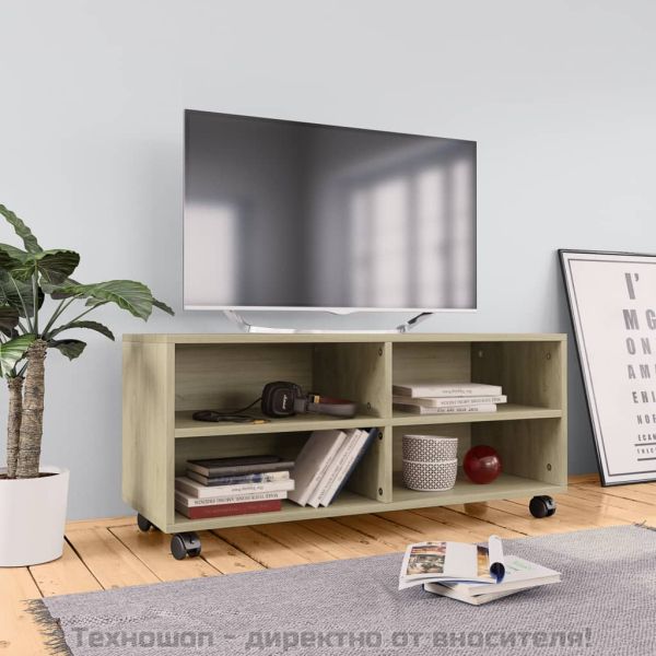 ТВ шкаф с колелца, дъб сонома, 90x35x35 см, инженерно дърво