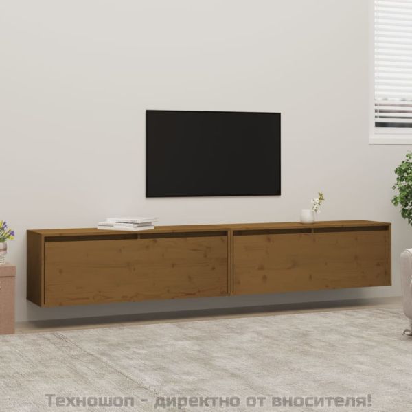 Стенни шкафове, 2 бр, меденокафяви, 100x30x35 см, бор масив