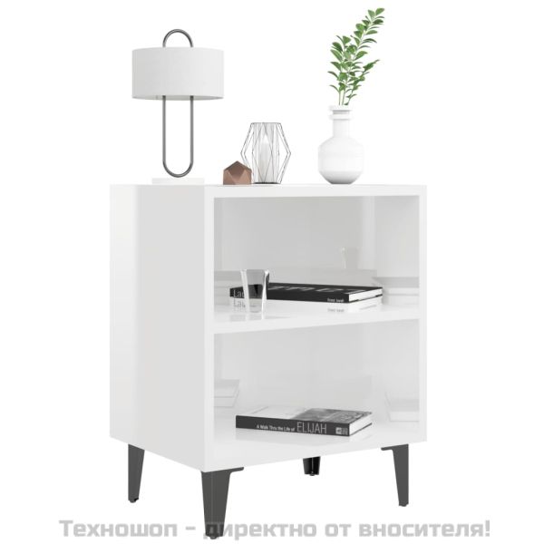 Нощно шкафче с метални крака, бял гланц, 40x30x50 см