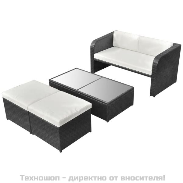 Градински комплект с възглавници, 4 части, черен полиратан