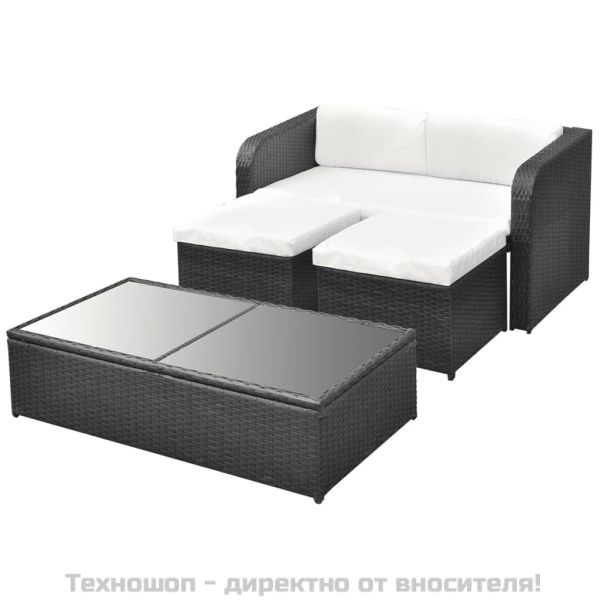 Градински комплект с възглавници, 4 части, черен полиратан