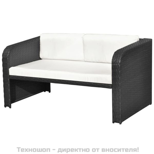 Градински комплект с възглавници, 4 части, черен полиратан