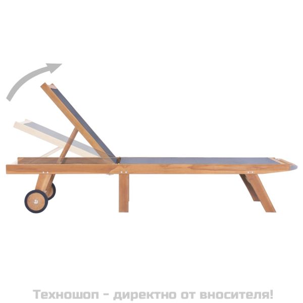 Сгъваем шезлонг с колелца, тиково дърво масив и Textilene