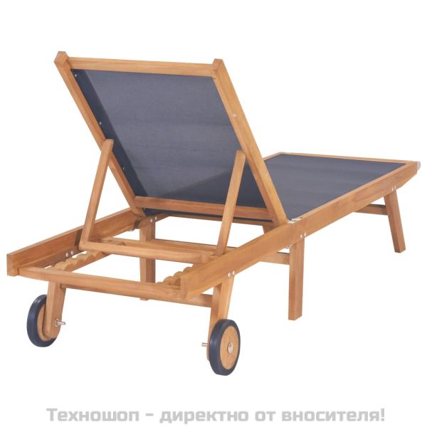 Сгъваем шезлонг с колелца, тиково дърво масив и Textilene