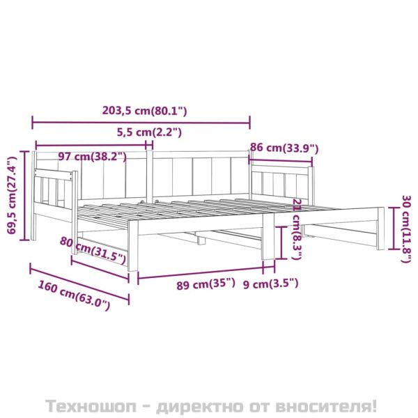 Разтегателна кушетка, черна, борово дърво масив, 2x(80x200) см