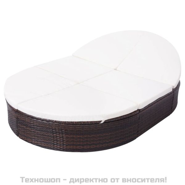 Градинско лаундж легло с възглавница, полиратан, кафяво