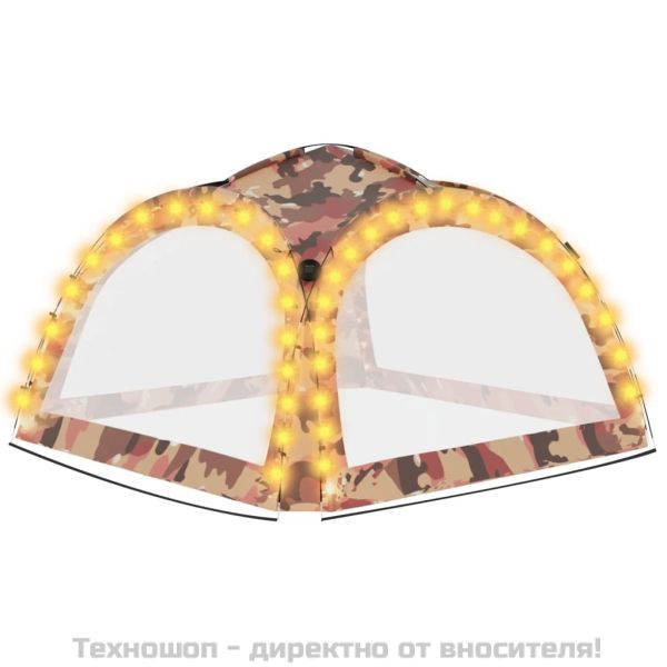 Парти шатра с LED и 4 стени, 3,6x3,6x2,3 м, камуфлаж