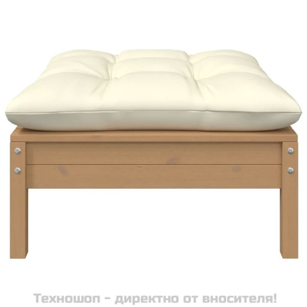 2-местен градински диван с кремави възглавници, бор масив