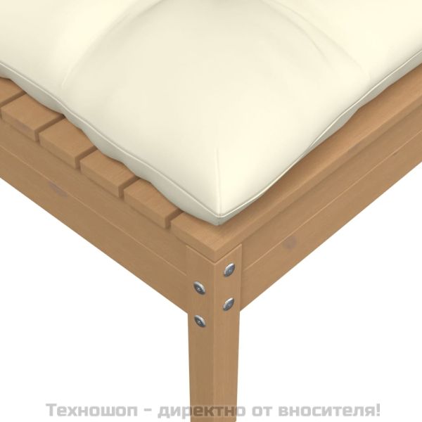 2-местен градински диван с кремави възглавници, бор масив