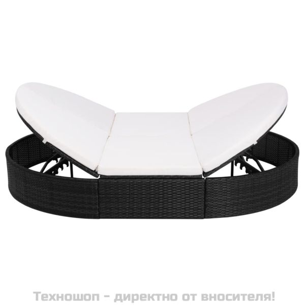 Градинско лаундж легло с възглавница, полиратан, черно