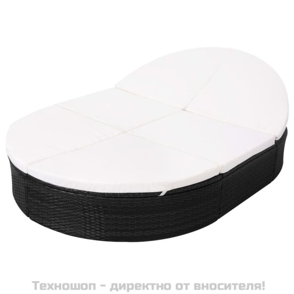 Градинско лаундж легло с възглавница, полиратан, черно