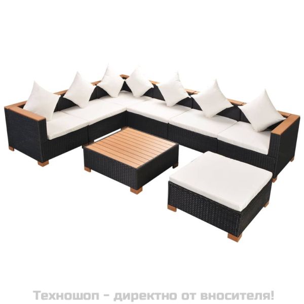 Градински комплект с възглавници, 8 части, черен полиратан