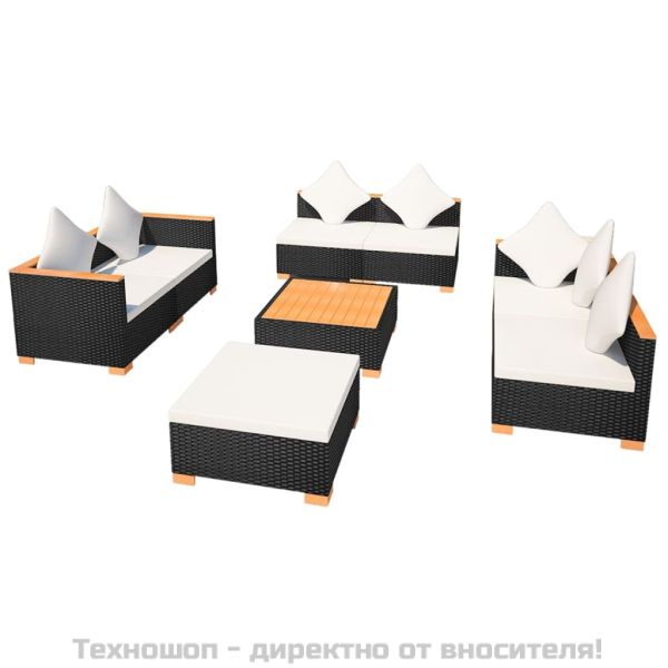 Градински комплект с възглавници, 8 части, черен полиратан