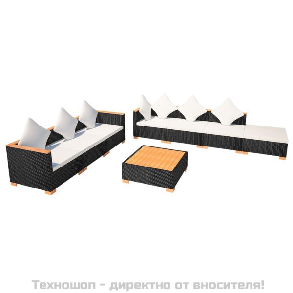 Градински комплект с възглавници, 8 части, черен полиратан