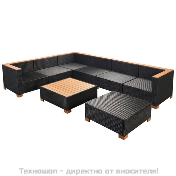 Градински комплект с възглавници, 8 части, черен полиратан