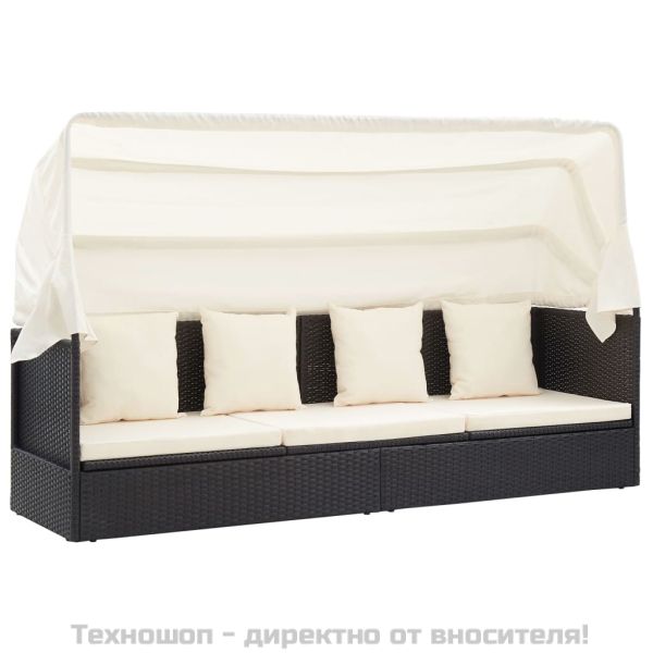 Градинско лаундж легло със сенник черен полиратан