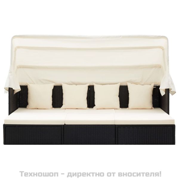 Градинско лаундж легло със сенник черен полиратан