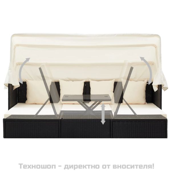 Градинско лаундж легло със сенник черен полиратан