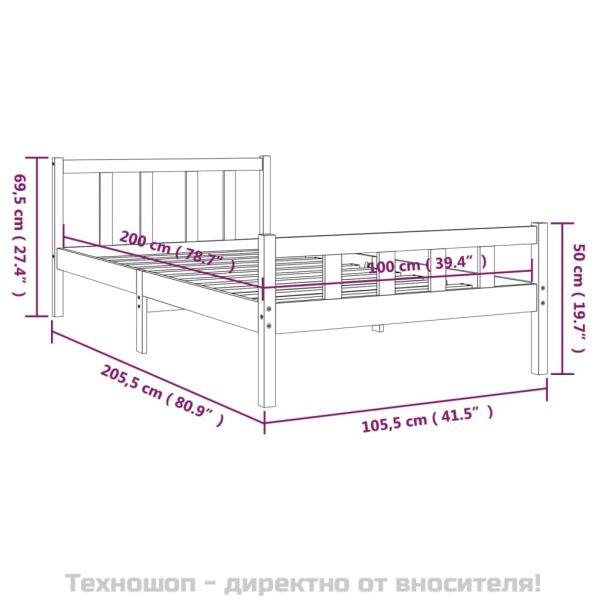 Рамка за легло, сива, масивно дърво, 100х200 см