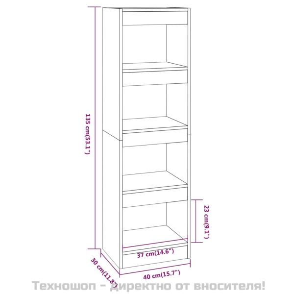 Библиотека/разделител за стая, сив сонома, 40x30x135 см