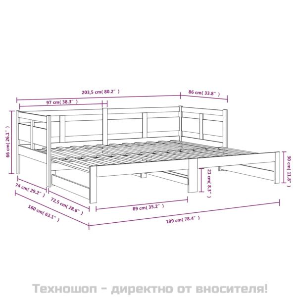 Разтегателна кушетка, черна, борово дърво масив, 2x(80x200) см