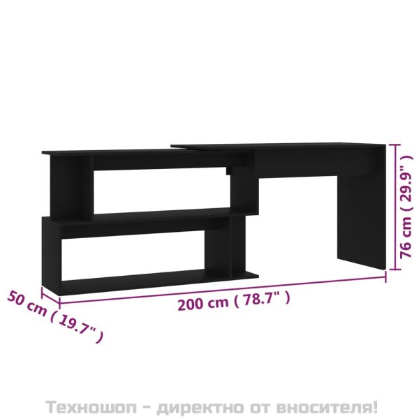 Ъглово бюро, черно, 200x50x76 см, инженерно дърво