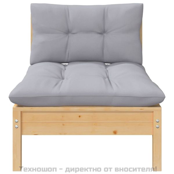 2-местен градински диван със сиви възглавници, бор масив