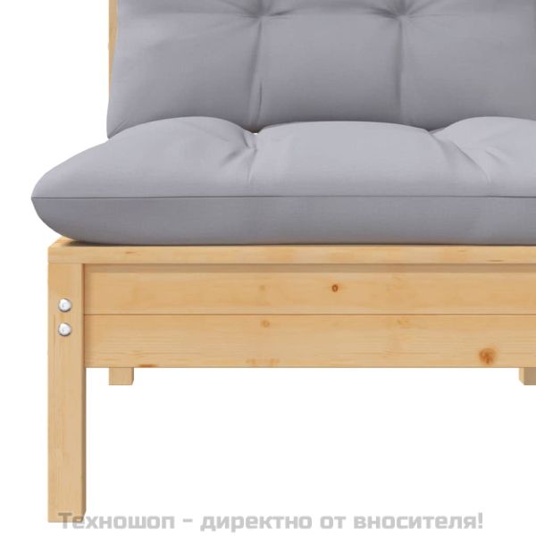 2-местен градински диван със сиви възглавници, бор масив