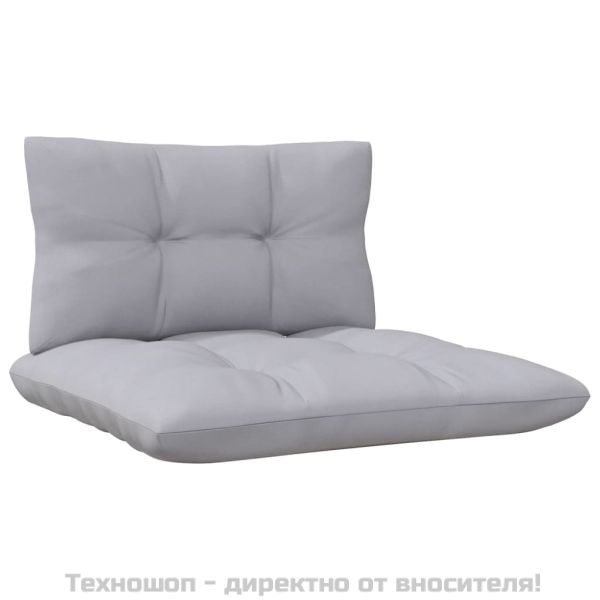 2-местен градински диван със сиви възглавници, бор масив