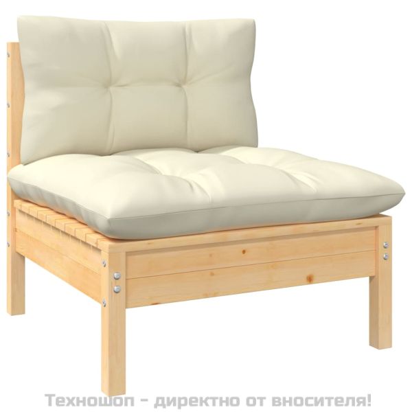 2-местен градински диван с кремави възглавници, бор масив