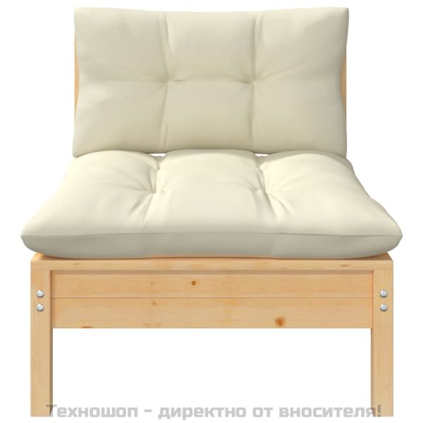 2-местен градински диван с кремави възглавници, бор масив